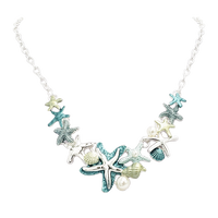 Stunning Enamel Starfish And Shells With Simulated Pearl Collar Necklace Earrings Gift Set, 16"+3" Extender (Teal Blue Silver Tone)