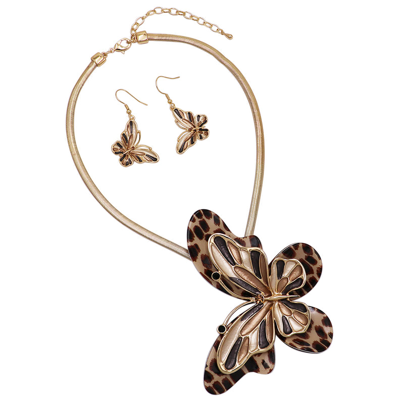 Women's Stunning Enamel And Lucite 3D Butterfly Necklace Earrings Set, 16"+3" Extension (Leopard Print)