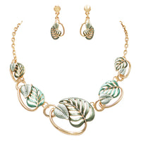Unbe"leaf"able Statement Enamel 3D Leaf Necklace Earrings Set, 16"+2" Extender (Green Leaves Gold Tone)