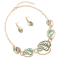 Unbe"leaf"able Statement Enamel 3D Leaf Necklace Earrings Set, 16"+2" Extender (Green Leaves Gold Tone)