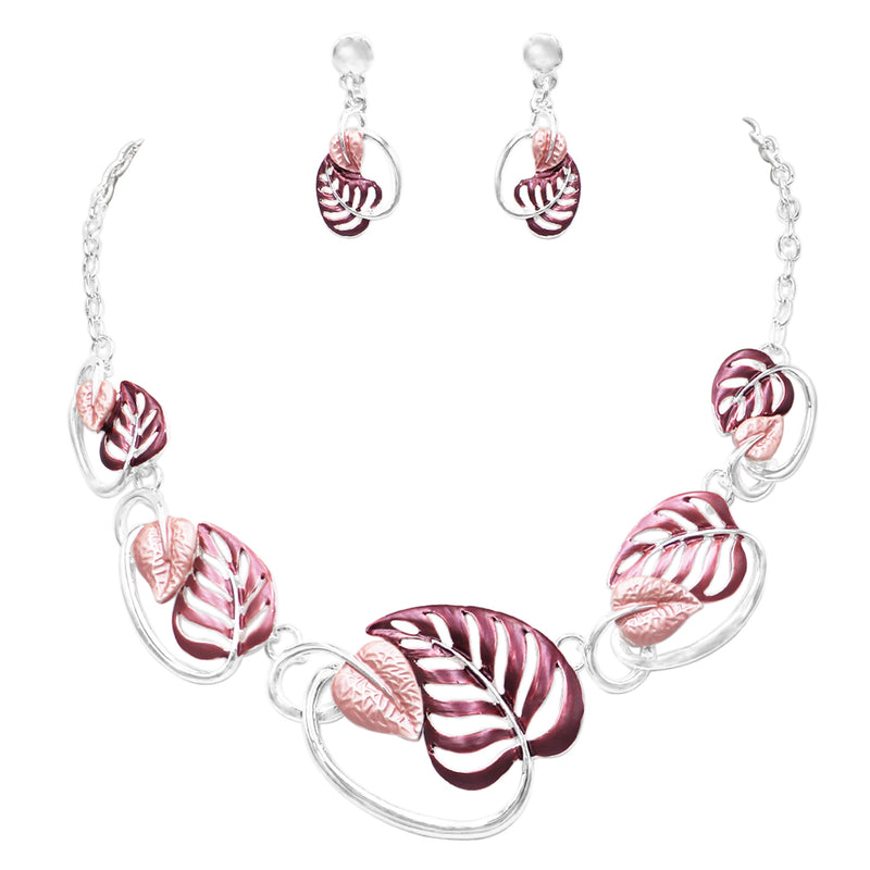Unbe"leaf"able Statement Enamel 3D Leaf Necklace Earrings Set, 16"+2" Extender (Pink And Purple Leaves Silver Tone)