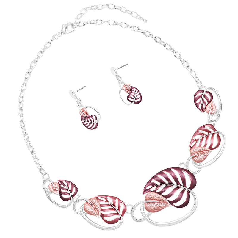 Unbe"leaf"able Statement Enamel 3D Leaf Necklace Earrings Set, 16"+2" Extender (Pink And Purple Leaves Silver Tone)