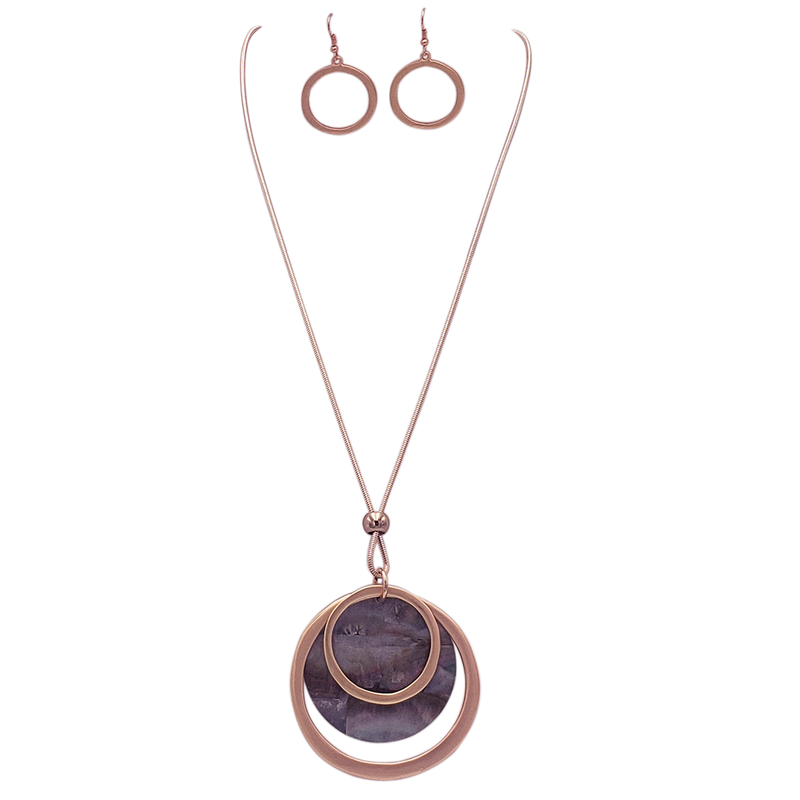 Women's Stunning Natural Abalone Shell Statement Rose Gold Tone Medallion Pendant Necklace Earrings Set, 30"+3" Extender