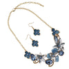 Stunning Polished Gold Tone Enamel Lucite And Crystal 3D Flower Necklace And Dangle Earrings Jewelry Gift Set, 13"+3" Extension (Blues)