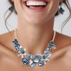 Stunning Polished Gold Tone Enamel Lucite And Crystal 3D Flower Necklace And Dangle Earrings Jewelry Gift Set, 13"+3" Extension (Blues)