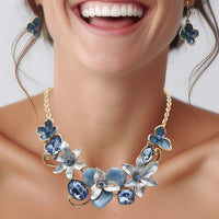Stunning Polished Gold Tone Enamel Lucite And Crystal 3D Flower Necklace And Dangle Earrings Jewelry Gift Set, 13"+3" Extension (Blues)