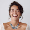 Stunning Polished Gold Tone Enamel Lucite And Crystal 3D Flower Necklace And Dangle Earrings Jewelry Gift Set, 13"+3" Extension (Blues)