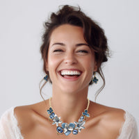 Stunning Polished Gold Tone Enamel Lucite And Crystal 3D Flower Necklace And Dangle Earrings Jewelry Gift Set, 13"+3" Extension (Blues)
