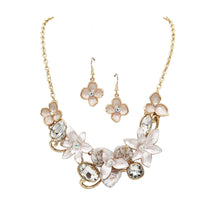 Stunning Polished Gold Tone Enamel Lucite And Crystal 3D Flower Necklace And Dangle Earrings Jewelry Gift Set, 13"+3" Extension (Cream And White)