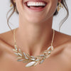 Stunning Textured Chevron Leaves Ivory And Cream Enamel Lucite With Marquis Crystal Rhinestones Necklace Earrings Polished Gold Tone Bridal Set, 13"+3" Extension