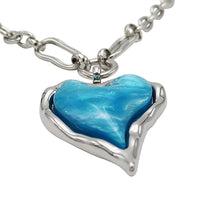 Gorgeous Marbled Glitter Lucite Heart Pendant On Cable Necklace Chain And Dangle Earrings Gift Set, 36"+3" Extender (Turquoise Blue Silver Tone)