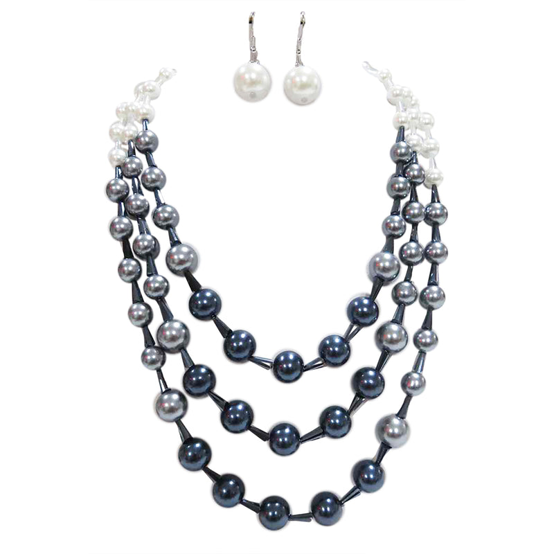 Stunning Multi Strand Ombre Simulated Pearl And Crystal Necklace Earrings Jewelry Set, 18"+3" Extender (Blue White Pearl Silver Tone)