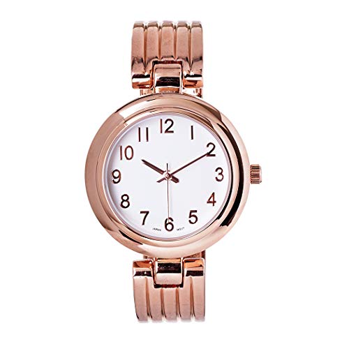 Women's Chic and Stylish Round Face Polished Metal with Textured Stripe Cuff Band Bracelet Watch, 6.5" (Rose Gold Tone)