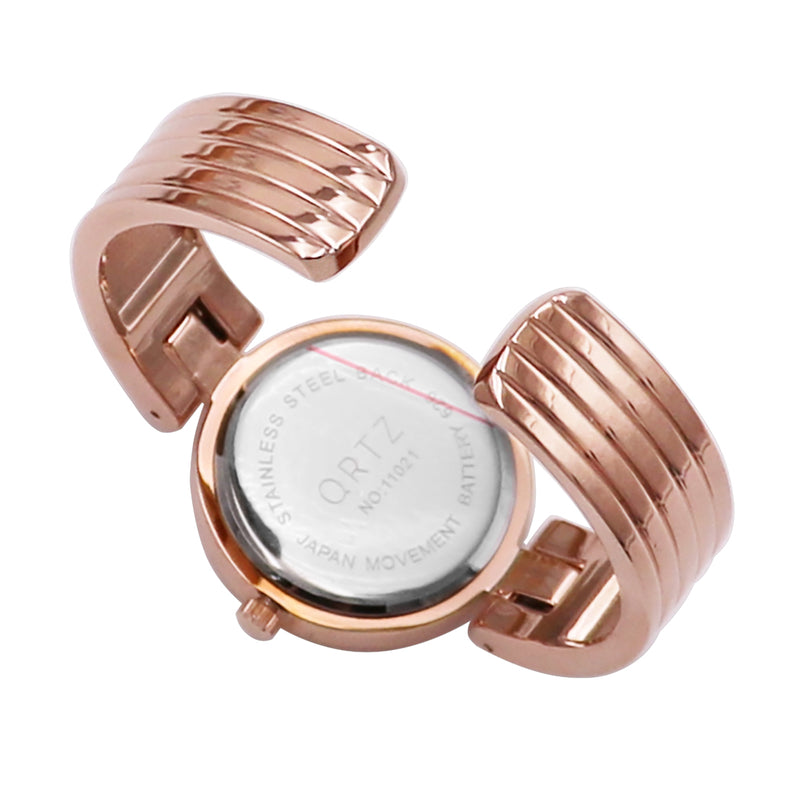 Women's Chic and Stylish Round Face Polished Metal with Textured Stripe Cuff Band Bracelet Watch, 6.5" (Rose Gold Tone)