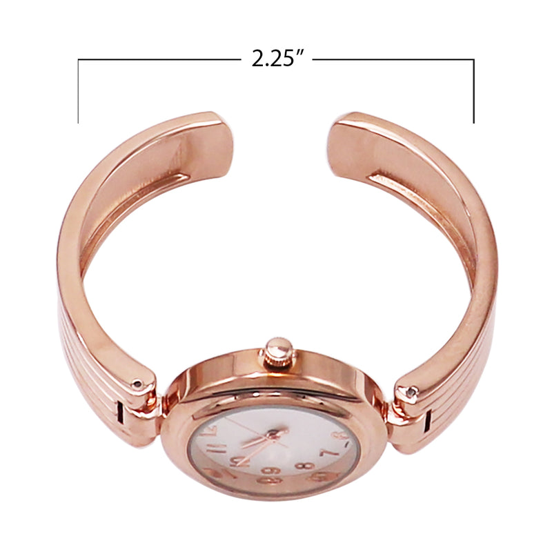 Women's Chic and Stylish Round Face Polished Metal with Textured Stripe Cuff Band Bracelet Watch, 6.5" (Rose Gold Tone)