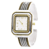 Women's Two Toned Textured Square Face Caviar Style Hinged Cuff Bracelet Watch