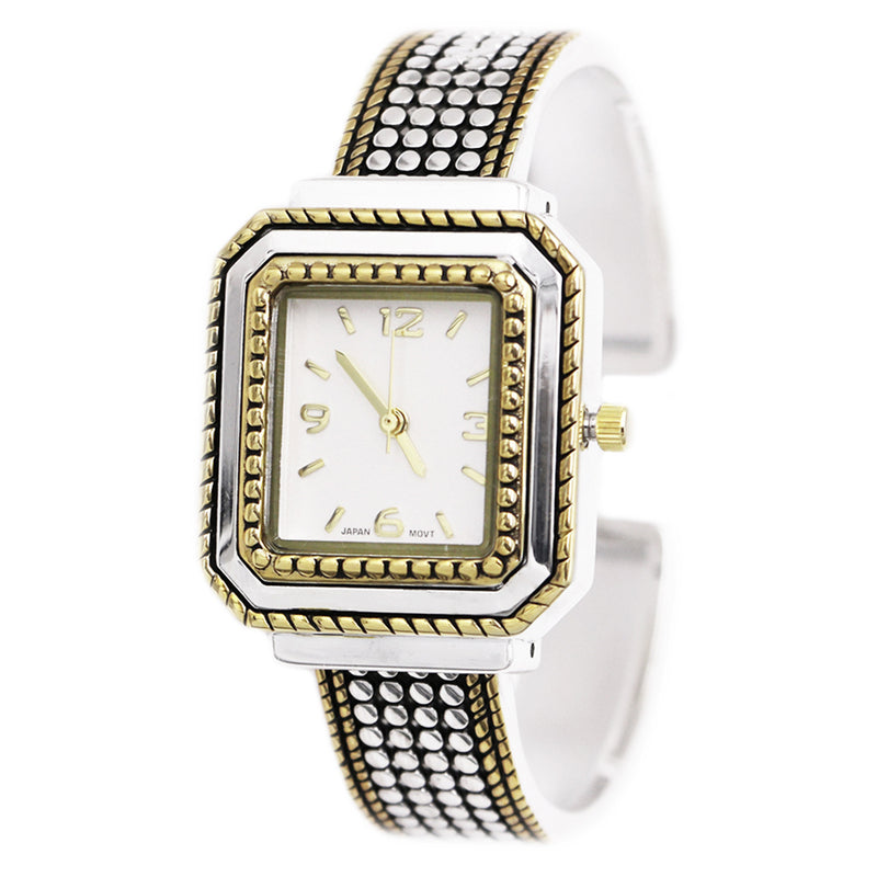 Women's Two Toned Textured Square Face Caviar Style Hinged Cuff Bracelet Watch