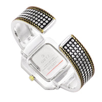 Women's Two Toned Textured Square Face Caviar Style Hinged Cuff Bracelet Watch