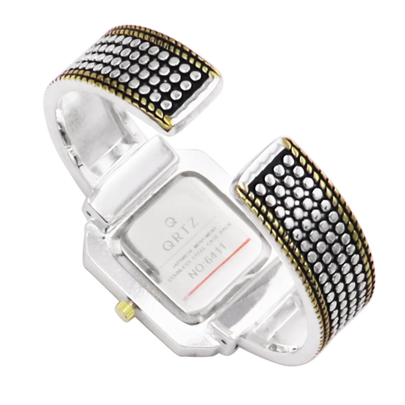 Women's Two Toned Textured Square Face Caviar Style Hinged Cuff Bracelet Watch