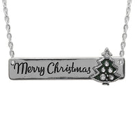 Whimsical Christmas Holiday Bar Pendant Charm Necklace, 16"+3" Extender (Merry Christmas Tree Silver Tone)
