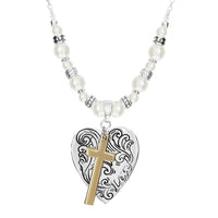 Rosemarie's Religious Gifts Women's Religious Inspirational Two Tone Heart And Cross Charm Love Pendant Necklace, 18"+3" Extender