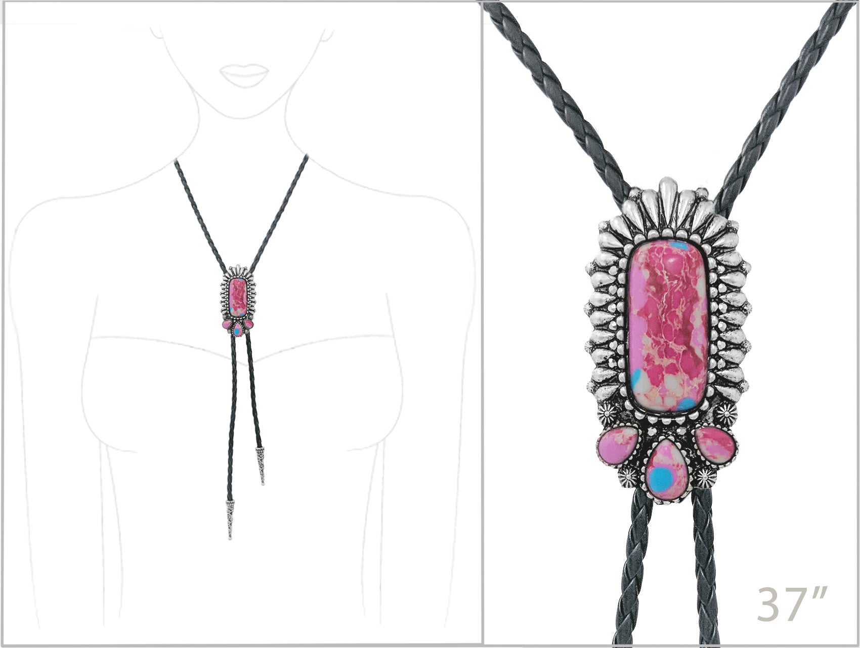 Vintage Feel Western Bolo Tie, Pendant with Silver Tone Accents, Black Braided Faux Leather, 37"