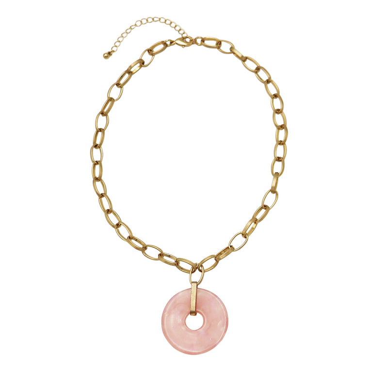 Iridescent Pink Lucite Circle Disc Pendant On Gold Tone Oval Link Collar Necklace 16"+3" Extender