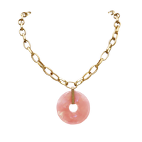 Iridescent Pink Lucite Circle Disc Pendant On Gold Tone Oval Link Collar Necklace 16"+3" Extender