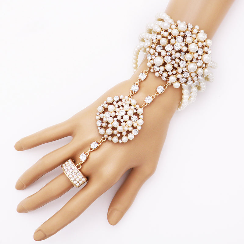 Unique Circular Design Crystal Rhinestone And Simulated White Pearl Stretch Bracelet Ring Hand Chain (Cream Gold Tone)