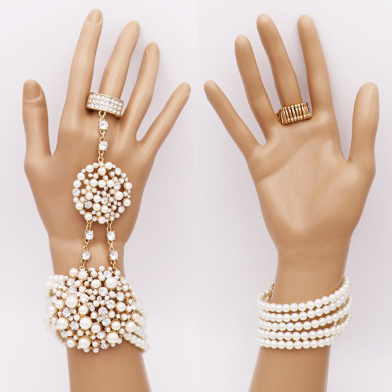 Unique Circular Design Crystal Rhinestone And Simulated White Pearl Stretch Bracelet Ring Hand Chain Gold Tone