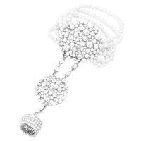 Unique Circular Design Crystal Rhinestone And Simulated White Pearl Stretch Bracelet Ring Hand Chain (White Silver Tone)