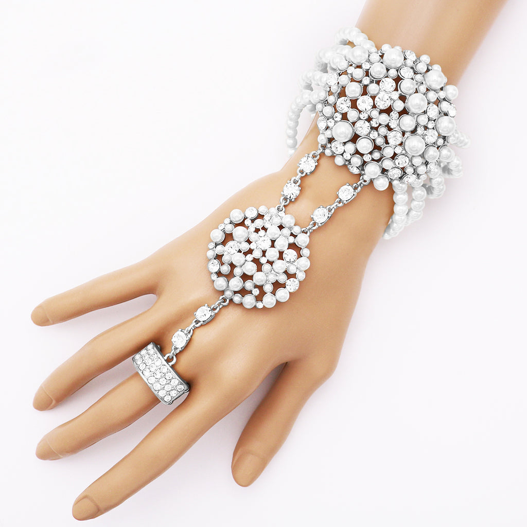 Unique Circular Design Crystal Rhinestone And Simulated White Pearl Stretch Bracelet Ring Hand Chain Silver Tone