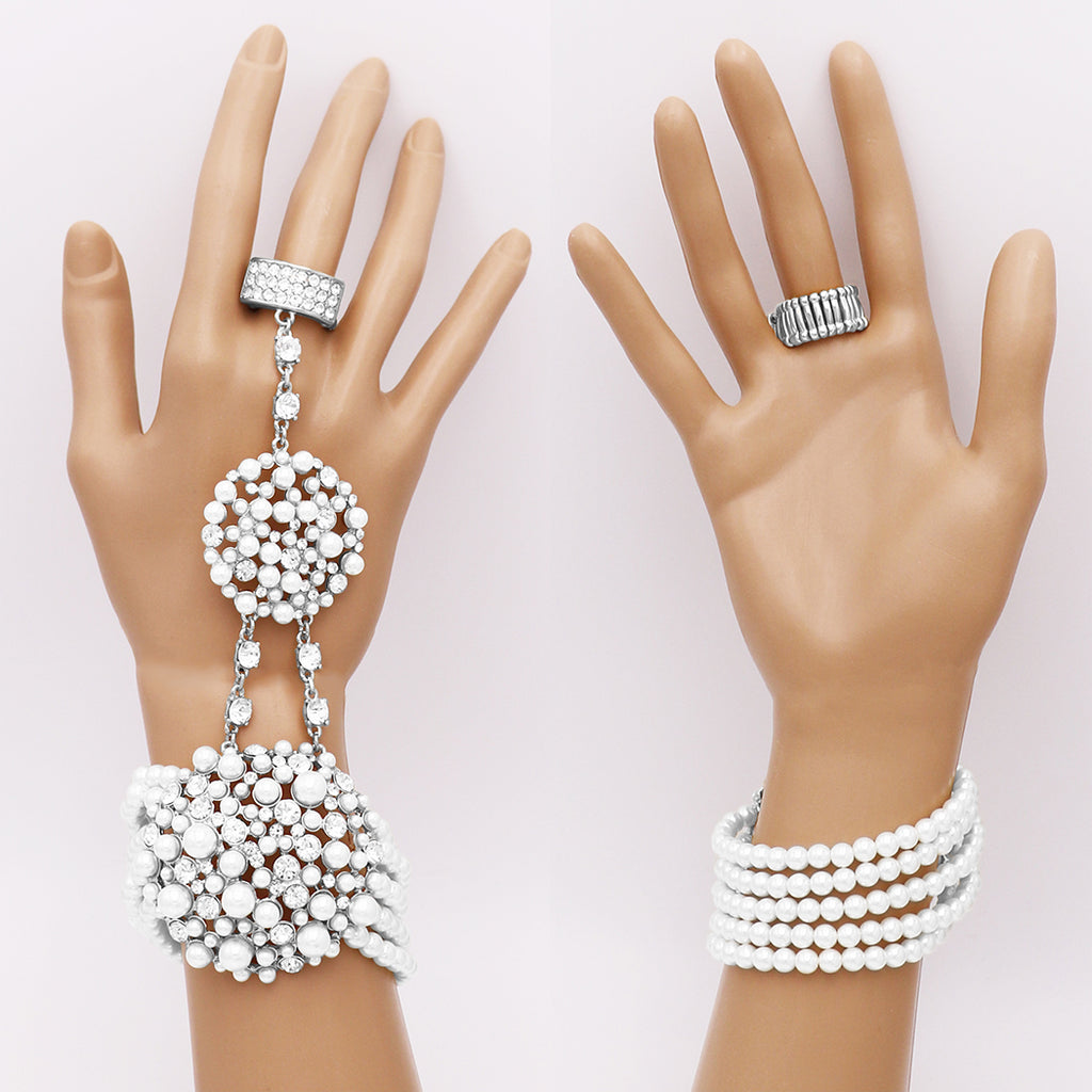 Unique Circular Design Crystal Rhinestone And Simulated White Pearl Stretch Bracelet Ring Hand Chain Silver Tone
