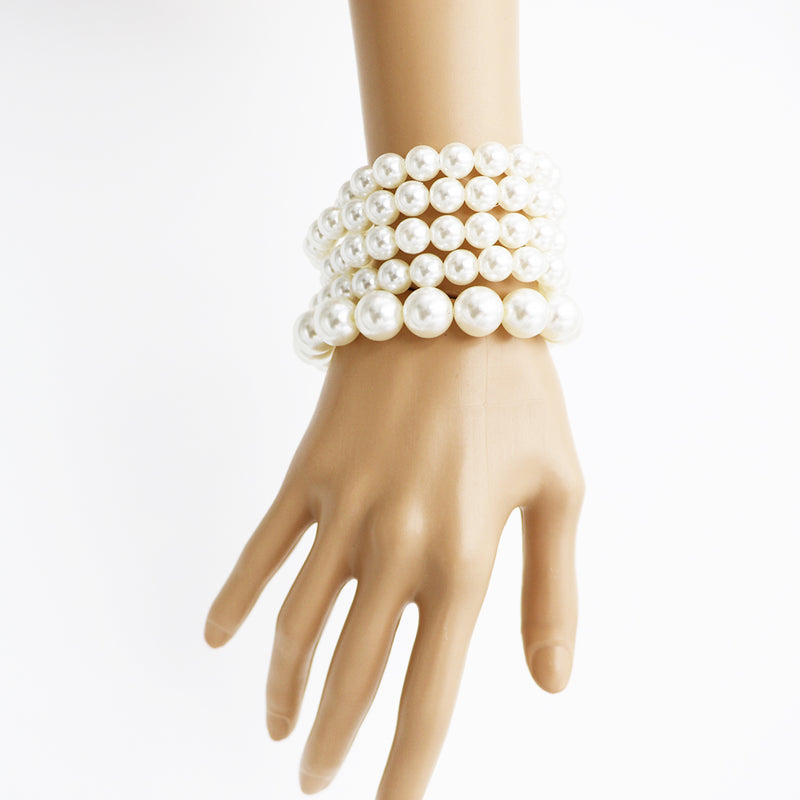 Women's Statement Set Of 5 Stacking Pearl Bead Stretch Bracelets, 2.5" (Cream)
