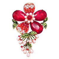 Women's Stunning Crystal Pave Teardrop And Simulated Pearl Flower Brooch, 4" (Red Crystal Gold Tone)