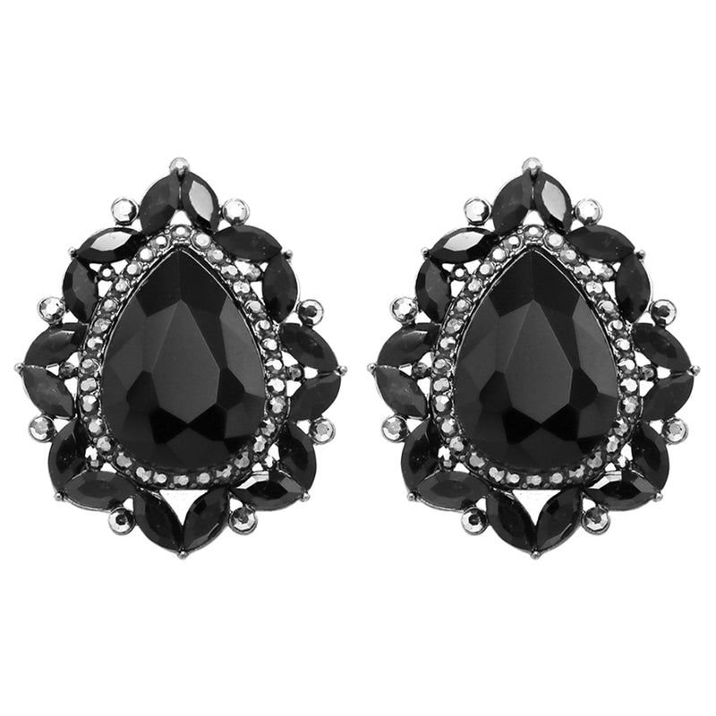 Statement Vintage Style Dramatic Teardrop Crystal Clip On Earrings, 2" (Jet Black Crystal Hematite Tone)