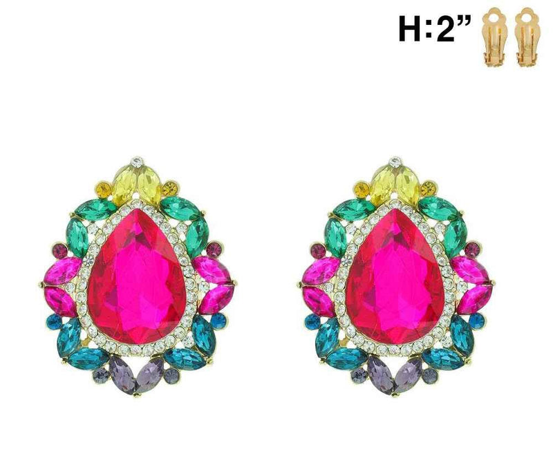 Women's Statement Vintage Style Dramatic Teardrop Crystal Clip On Earrings, 2" (Multicolored Rainbow Crystals Gold Tone Multicolore Rainbow Crystals Gold Tone)