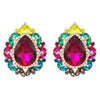 Statement Vintage Style Dramatic Teardrop Crystal Clip On Earrings, 2" (Multicolored Rainbow Crystals Gold Tone)