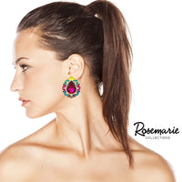 Statement Vintage Style Dramatic Teardrop Crystal Clip On Earrings, 2" (Multicolored Rainbow Crystals Gold Tone)