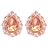 Women's Statement Vintage Style Dramatic Teardrop Crystal Clip On Earrings, 2" (Peach Crystal Rose Gold)