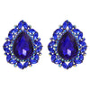 Statement Vintage Style Dramatic Teardrop Crystal Clip On Earrings, 2" (Royal Blue Crystal Silver Tone)