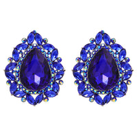 Statement Vintage Style Dramatic Teardrop Crystal Clip On Earrings, 2" (Royal Blue Crystal Silver Tone)