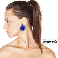 Statement Vintage Style Dramatic Teardrop Crystal Clip On Earrings, 2" (Royal Blue Crystal Silver Tone)
