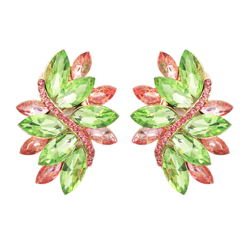 Dazzling Crystal Marquis Leaf Cluster Statement Clip On Earrings, 1.87"