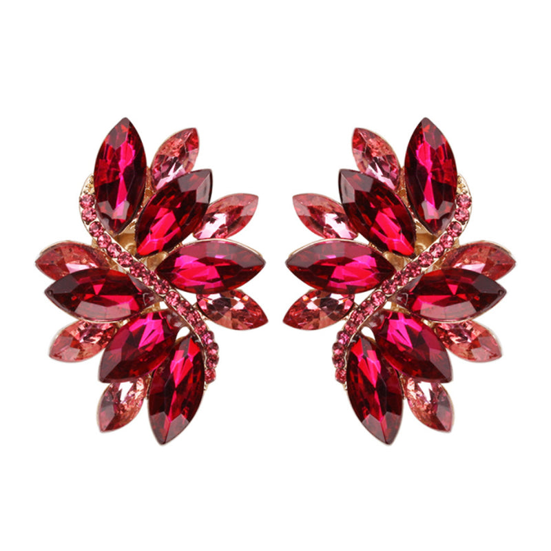 Crystal Marquis Leaf Cluster Statement Clip On Earrings, 1.87" (Fuchsia Pink Gold Tone)