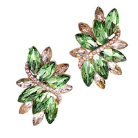 Dazzling Crystal Marquis Leaf Cluster Statement Clip On Earrings, 1.87" (Green And Pink Gold Tone)