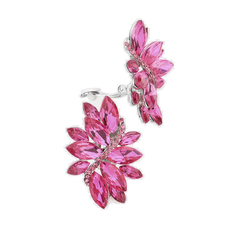 Dazzling Crystal Marquis Leaf Cluster Statement Clip On Earrings, 1.87" (Rose Pink Crystal Silver Tone)