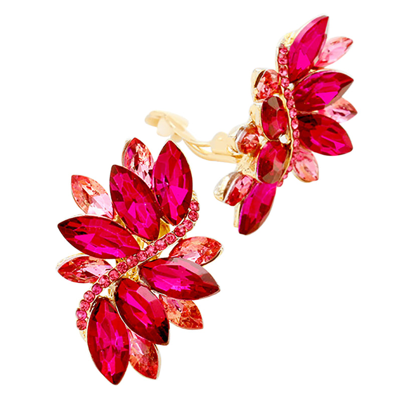 Dazzling Crystal Marquis Leaf Cluster Statement Clip On Earrings, 1.87"