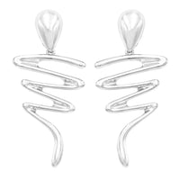 Women's Unique Polished Metal Ribbon Scroll Metal Dangle Clip On Style Earrings, 3" (Silver Tone)