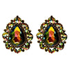 Statement Vintage Style Dramatic Teardrop Crystal Clip On Style Earrings, 1.75" (Rainbow Vitrail Gold Tone)